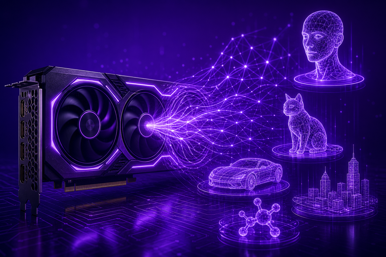 GPU gaming con luces LED violetas y visualización de red neuronal fluyendo hacia modelos holográficos sobre fondo violeta oscuro