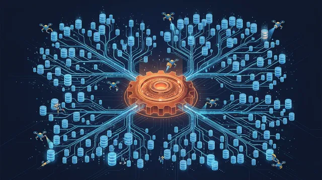 Engranaje naranja brillante en el centro del que salen ramas con cientos de pequeños cilindros azules de bases de datos, con pequeños drones robot trabajando sobre algunos, sobre fondo azul oscuro